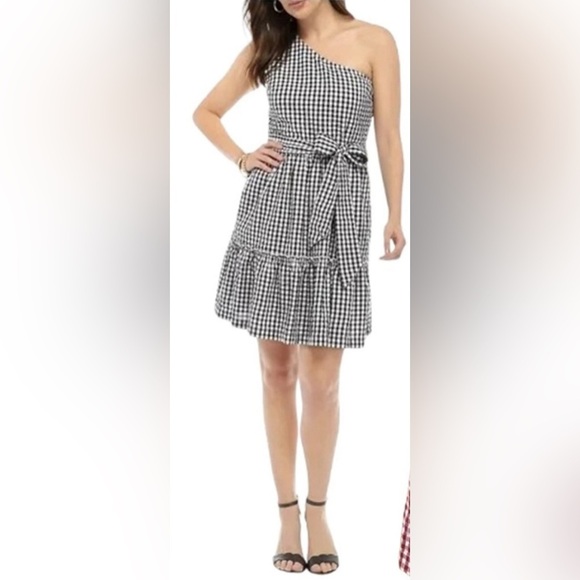 Crown & Ivy One Shoulder Tie Waist Black and White Checked Gingham Dress Size 12 - Picture 1 of 11